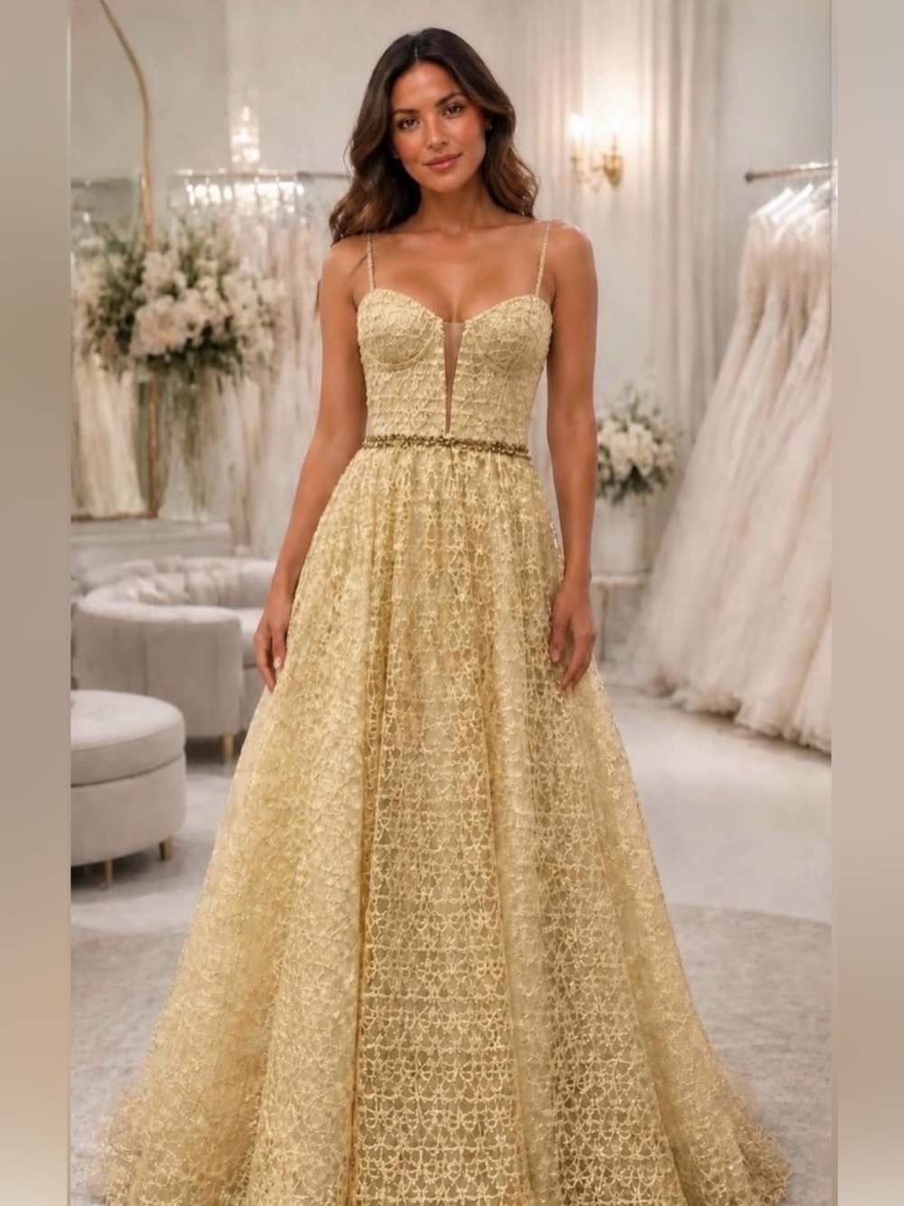 Elegant Ivory Lace A-Line Evening Dress with Deep V Bodice